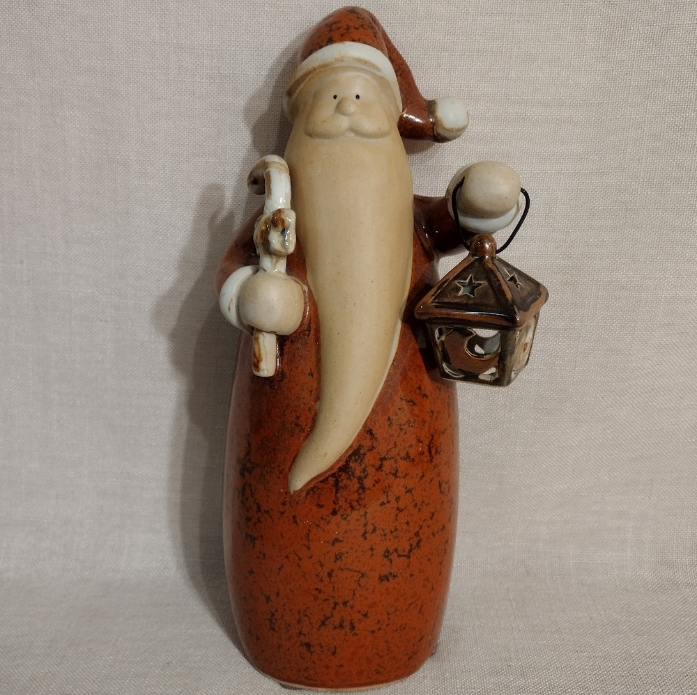 Pottery Santa Holding Candy Cane & Lantern